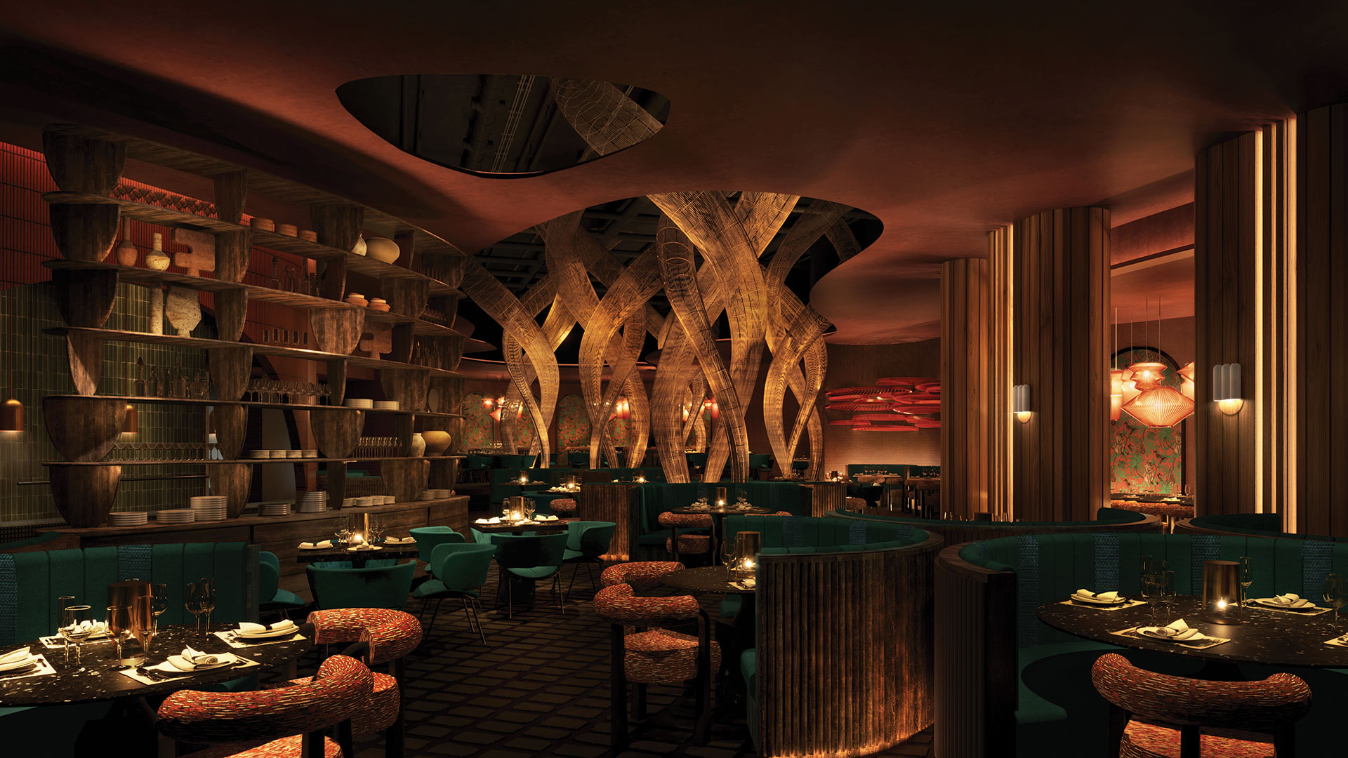 Elegant interior of Komodo Las Vegas featuring dim lighting, teal velvet booths, and a striking wooden sculptural centerpiece, creating an upscale, immersive dining atmosphere.