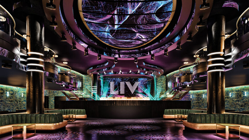 Interior of LIV Nightclub in Fontainebleau Las Vegas showcasing its iconic LED ceiling display, grand stage with "LIV" branding