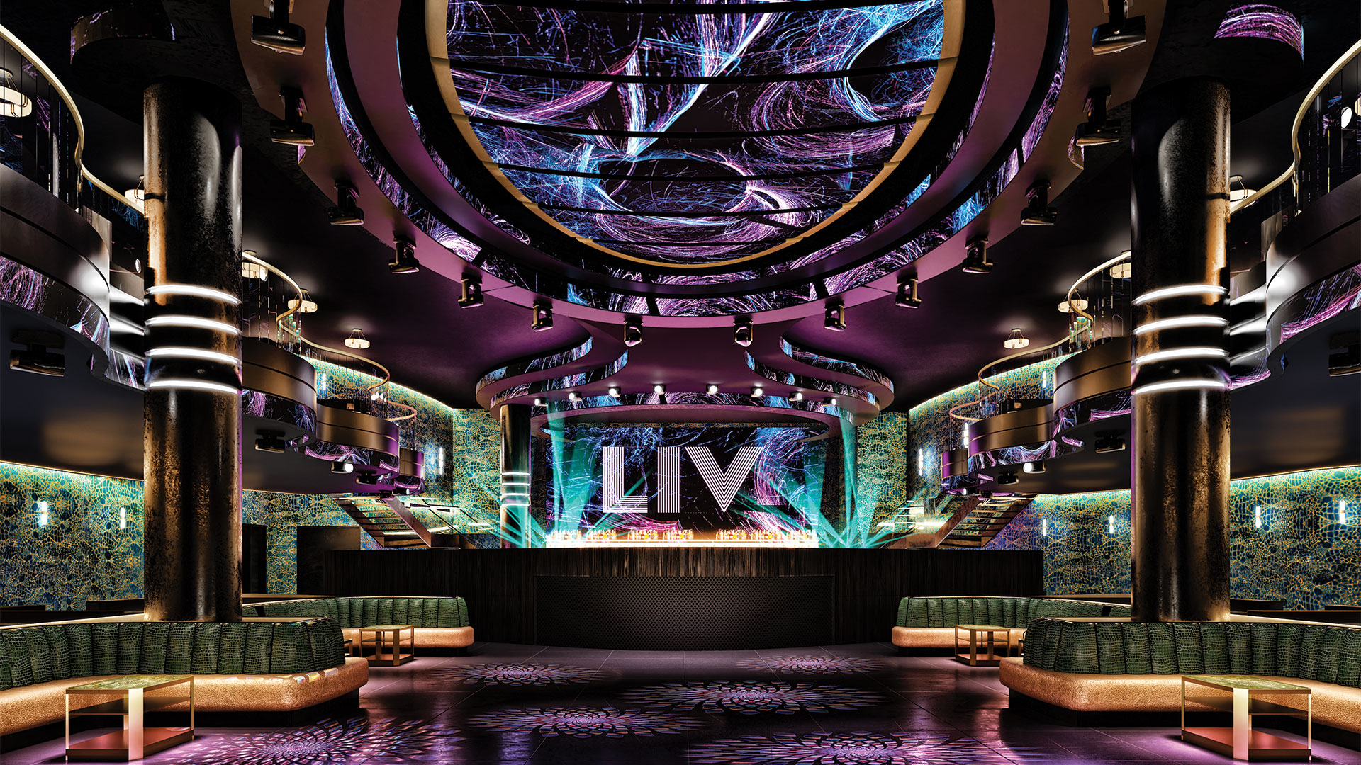 Interior of LIV Nightclub in Fontainebleau Las Vegas showcasing its iconic LED ceiling display, grand stage with "LIV" branding